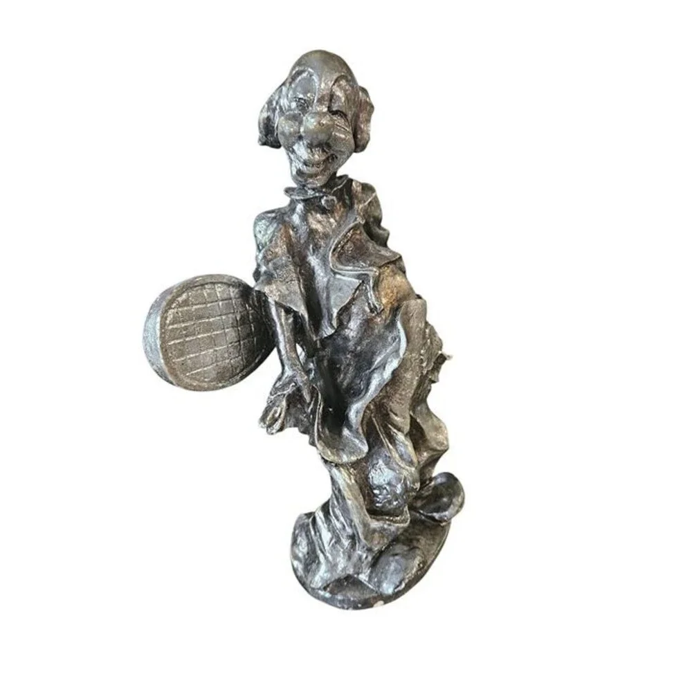 Vintage Clown Figurine with Tennis Racket  Plaster Statue, Collectible Décor